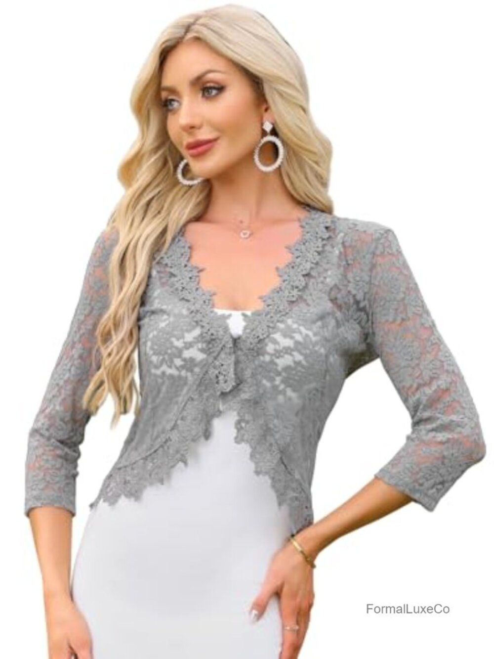 Floral Lace Shrug Bolero Cardigan 3/4 Sleeve Formal Evening Cover Up